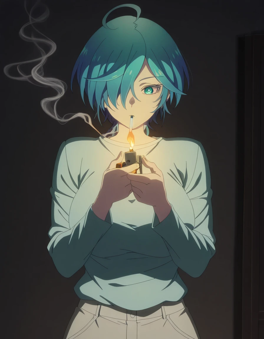 masterpiece, best quality, amazing quality,, <lora:tina-isemi-s1-illustriousxl-lora-nochekaiser:1>, tina isemi, short hair, blue eyes, blue hair, ahoge, multicolored hair, hair over one eye, aqua eyes, mature female, breasts, anime screencap, <lora:lighting-cigarette-illustriousxl-lora-nochekaiser:1>, lighting cigarette, lighter, holding lighter, cigarette, smoking, fire, smoke, holding, cowboy shot, ,
