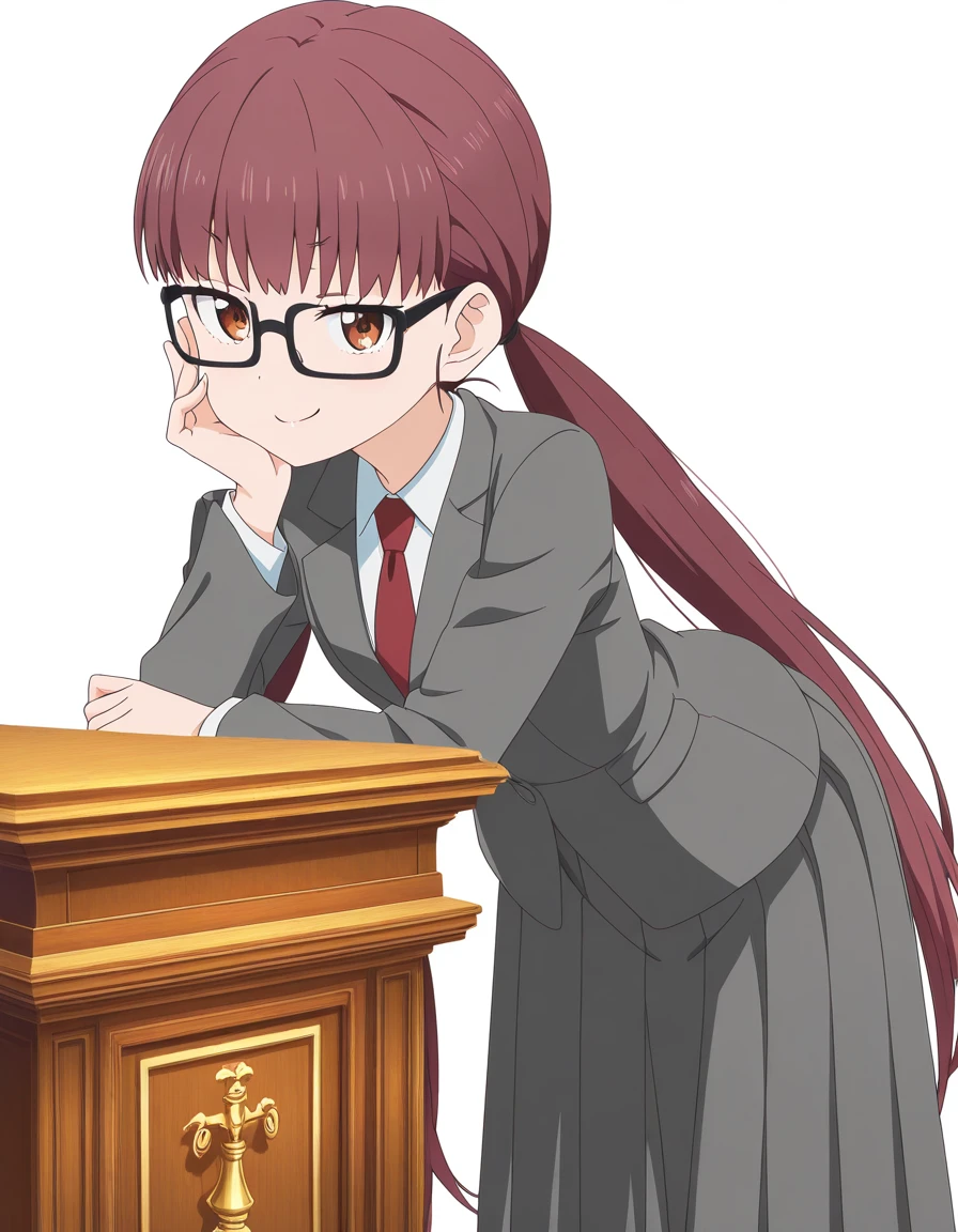 masterpiece, best quality, amazing quality,, <lora:yui-unoki-s1-illustriousxl-lora-nochekaiser:1>, yui unoki, long hair, brown hair, very long hair, twintails, brown eyes, glasses, black-framed eyewear, anime screencap, shirt, long sleeves, jacket, necktie, blazer, red necktie, grey blazer, grey skirt, long skirt, skirt, pleated skirt, bent over, smug,, courtroom, judge, witness_stand, audience, formality, cowboy shot, solo, looking at viewer, <lora:transparent-background-illustriousxl-lora-nochekaiser:1>, transparent background, simple background, white background
