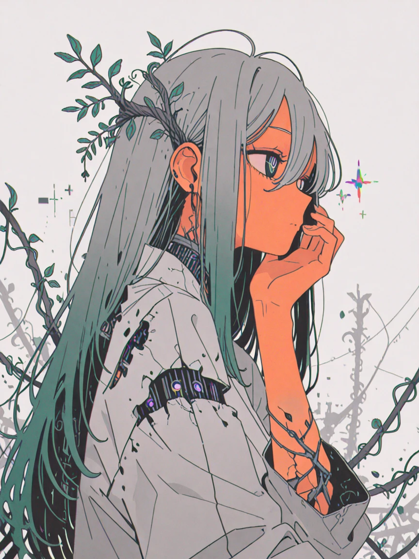 masterpiece,best quality,amazing quality,very aesthetic,absurdres, newest, anime coloring,
1girl, dutch angle, from side, dark skin, hand up, mechanical eye, crack, virtual, bioluminescence, (binary:1.1), tangled vines, leaf, geometric, gray theme, light background, harsh lines, linear hatching, glitch, disintegration effect foreground, local color adaptation, limited palette, (chromatic aberration:1.2), (green noise foreground:1.2), monochrome, crisp edges, gradient, noisy, ligne claire, ephemeral, ethereal,
