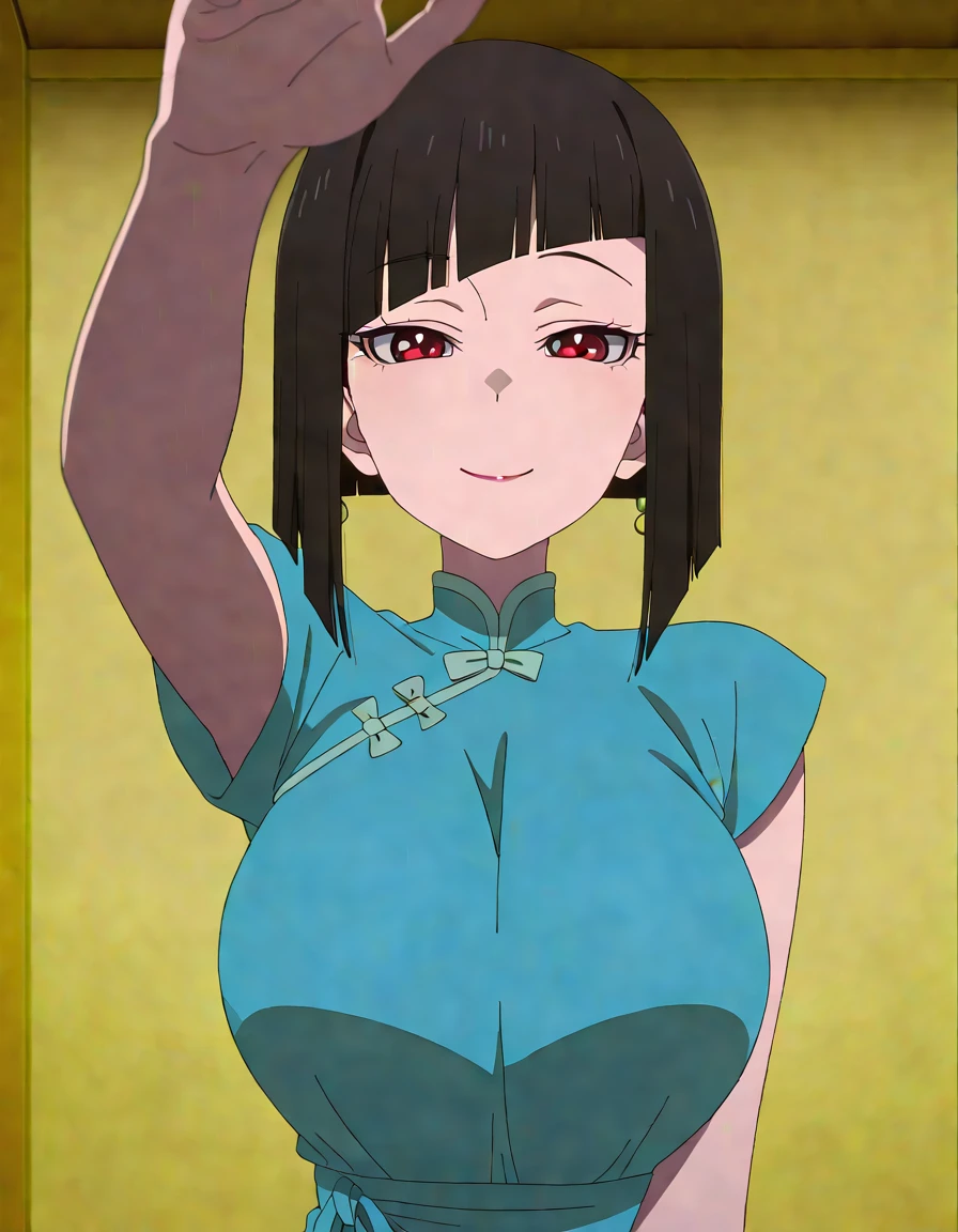 masterpiece, best quality, amazing quality,, <lora:yayoi-takayanagi-s1-illustriousxl-lora-nochekaiser:1>, yayoi takayanagi, short hair, black hair, red eyes, blunt bangs, mature female, breasts, anime screencap, <lora:tangzhuang-illustriousxl-lora-nochekaiser:1>, tangzhuang, chinese clothes,, <lora:incoming-headpat-illustriousxl-lora-nochekaiser:1>, incoming headpat, headpat, pov, outstretched arm, reaching, reaching towards viewer, looking at viewer, upper body, ,