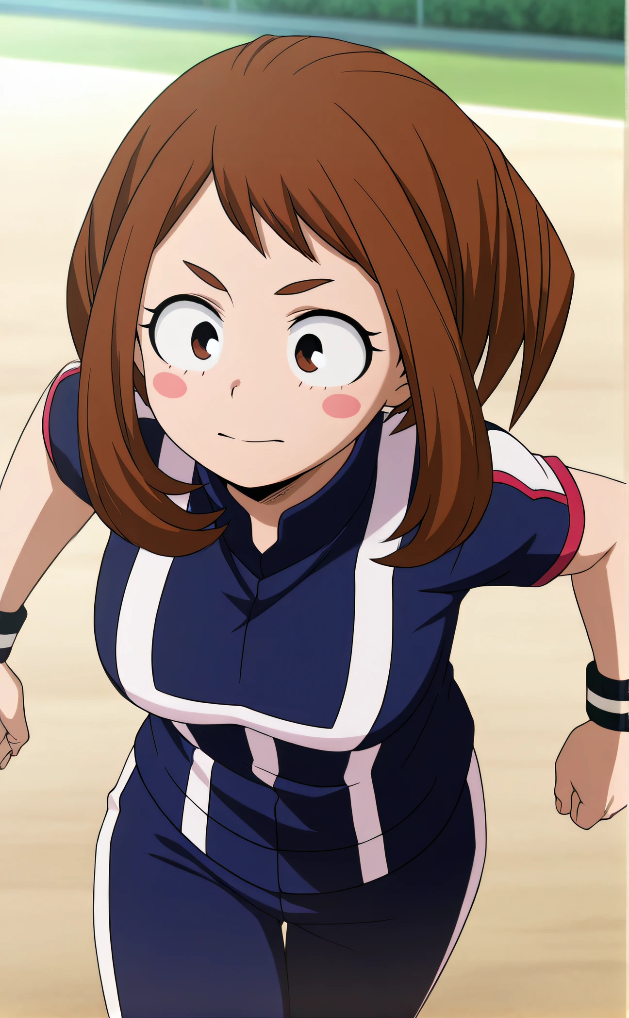 (anime cels style, best quality, high resolution, megami magazine, anime poster style, photorealistic), (beautiful eyes:1.2), kondou_taeko, 1girl, smile, medium hair, brown hair, brown eyes, (hair ribbon, red ribbon), huge breast, (volleyball uniform, sleeveless), cowboy shot, (perfect detailed anatomy, beautiful face, perfect body, perfect arms, shiny skin), sunshine, bluesky
