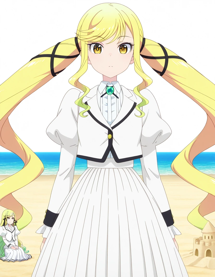 masterpiece, best quality, amazing quality,, <lora:lilisa-suzunomiya-s1-illustriousxl-lora-nochekaiser:1>, lilisa suzunomiya, long hair, blonde hair, ribbon, very long hair, twintails, brown eyes, yellow eyes, hair ribbon, black ribbon, multicolored hair, sidelocks, green hair, gradient hair, swept bangs, wavy hair, mature female, small breasts, anime screencap, shirt, skirt, long sleeves, jewelry, jacket, white shirt, pleated skirt, frills, collared shirt, puffy sleeves, white dress, buttons, white jacket, white skirt, blazer, juliet sleeves, brooch, cropped jacket, long skirt,, hand behind head, , beach, sand castle, swimsuit, summer vacation, ocean wave, hands behind head, cowboy shot, solo, looking at viewer, <lora:transparent-background-illustriousxl-lora-nochekaiser:1>, transparent background, simple background, white background
