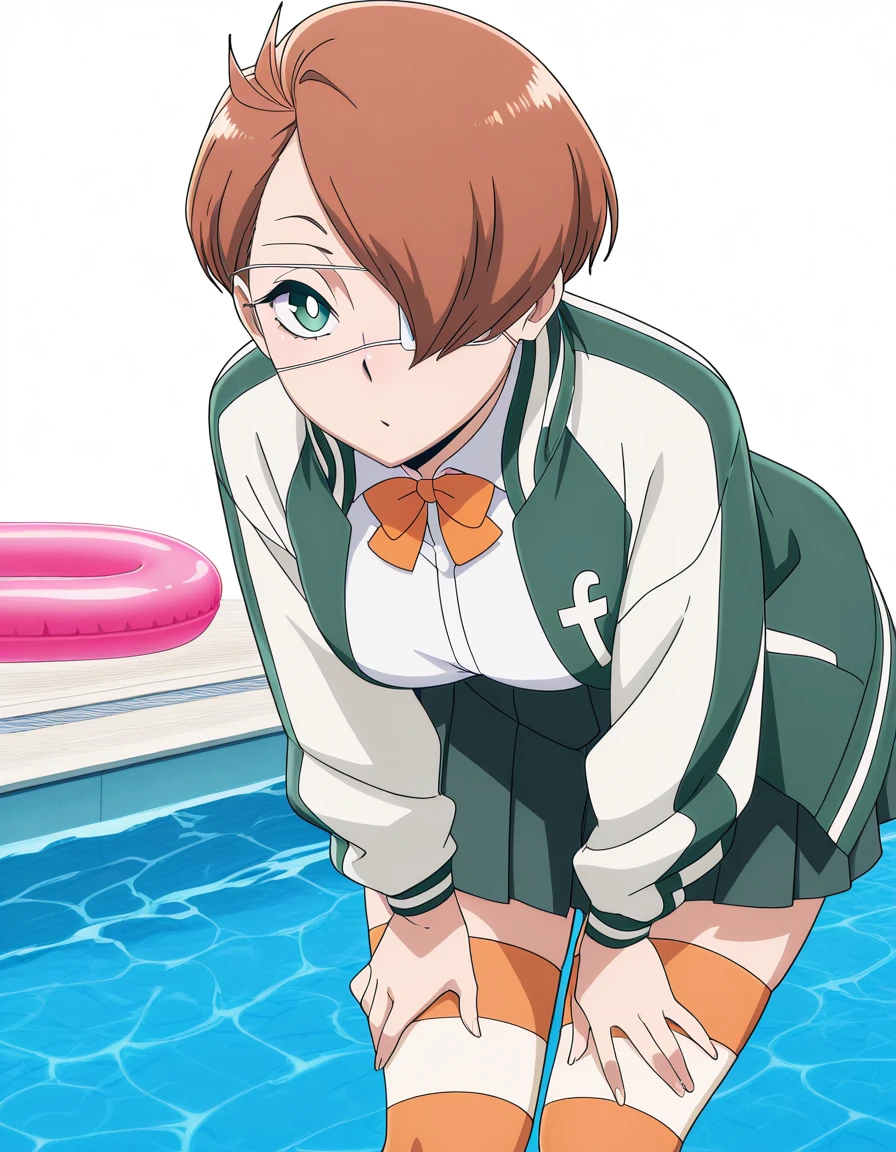 masterpiece, best quality, amazing quality,, <lora:tamao-oguro-s1-illustriousxl-lora-nochekaiser:1>, tamao oguro, short hair, brown hair, green eyes, white pupils, bright pupils, hair over one eye, one eye covered, medical eyepatch, mature female, medium breasts, anime screencap, shirt, skirt, long sleeves, thighhighs, bow, jacket, white shirt, pleated skirt, bowtie, striped clothes, open jacket, striped thighhighs, track jacket, green jacket, letterman jacket, orange thighhighs,, hands on own knees, pool, water, swim, float, poolside, cowboy shot, solo, looking at viewer, <lora:transparent-background-illustriousxl-lora-nochekaiser:1>, transparent background, simple background, white background