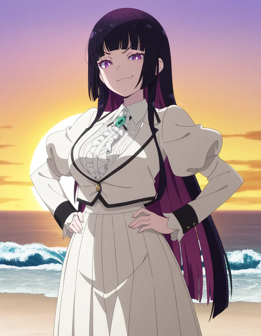 masterpiece, best quality, amazing quality,, <lora:otoha-kurogane-s1-illustriousxl-lora-nochekaiser:1>, otoha kurogane, long hair, black hair, purple eyes, purple hair, multicolored hair, sidelocks, blunt bangs, two-tone hair, colored inner hair, hime cut, white pupils, bright pupils, mature female, breasts, anime screencap, shirt, skirt, long sleeves, jewelry, jacket, white shirt, pleated skirt, frills, collared shirt, puffy sleeves, white dress, buttons, white jacket, white skirt, blazer, juliet sleeves, brooch, cropped jacket, long skirt, center frills,, smug, hands on own hip,, beach, sand, waves, sun, ocean, cowboy shot, solo, looking at viewer,