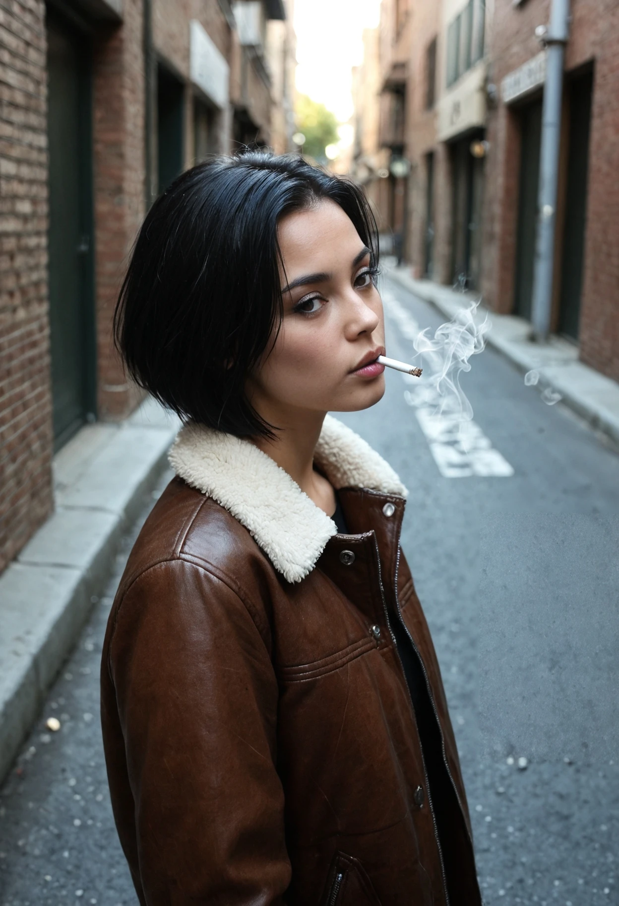 core_9, score_8_up, score_7_up,1girl,photo,realism,black hair,short hair,detailed face,wearing a jacket,smoking,outdoors,street alley,masterpiece,best quality,cinematic,bokeh ,(skin details:0.7),upper body, film grain,dramatic, japanese,smoke (trail:1.1),