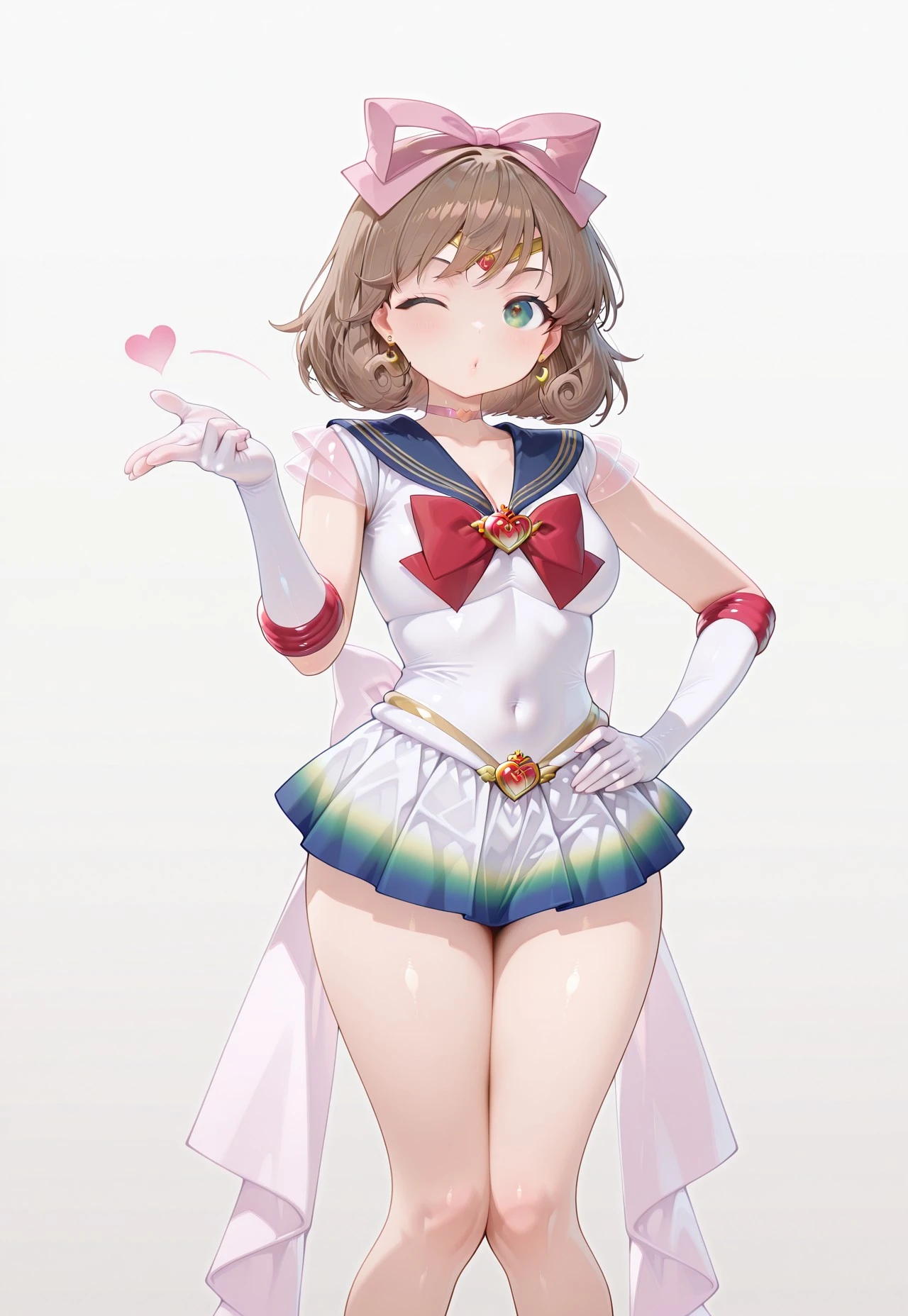 masterpiece,extremely detailed,best quality,amazing quality,newest,absurdres,highres, 1girl, solo, Haruka (character), green eyes, hair bow, brown hair, bssmsup3r0utfit, sailor senshi uniform, crescent earrings, circlet,blue sailor collar, red bowtie, white elbow gloves, heartchoker, heartbrooch, huge white back bow, pleated skirt, multicolored miniskirt, wink, blowing_kiss, blowing_kiss with one hand and put the other hand on hip, knees together feet apart,standing