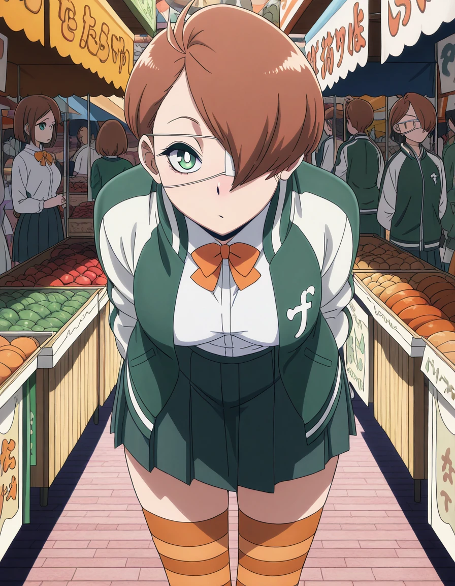 masterpiece, best quality, amazing quality,, <lora:tamao-oguro-s1-illustriousxl-lora-nochekaiser:1>, tamao oguro, short hair, brown hair, green eyes, white pupils, bright pupils, hair over one eye, one eye covered, medical eyepatch, mature female, medium breasts, anime screencap, shirt, skirt, long sleeves, thighhighs, bow, jacket, white shirt, pleated skirt, bowtie, striped clothes, open jacket, striped thighhighs, track jacket, green jacket, letterman jacket, orange thighhighs,, hands behind back, bent over,, market stall, goods, people, shopping, vendor, cowboy shot, solo, looking at viewer,