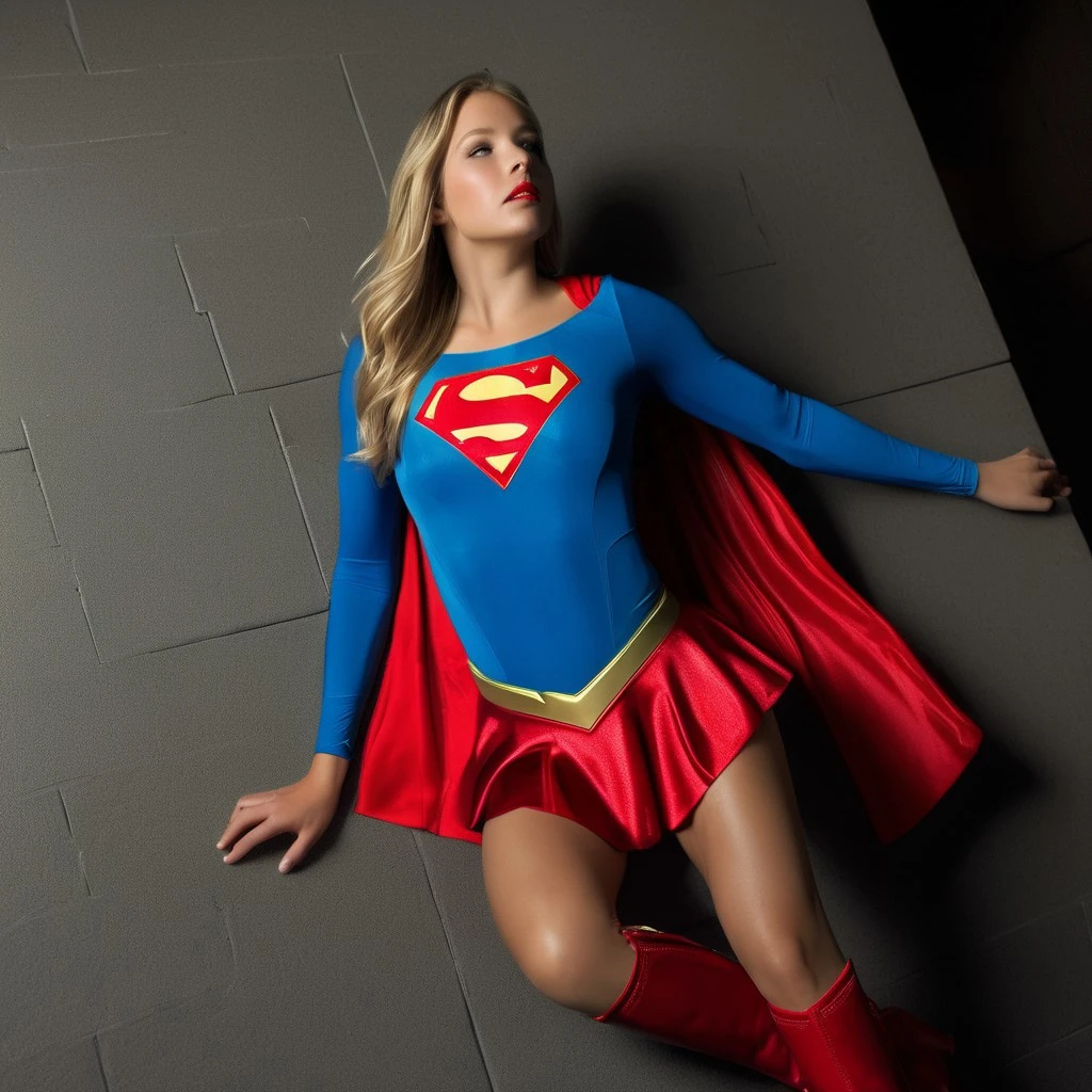 lora:krypto_exposure:0.75 supergirl, krypto exposure, dazed expression, twenty-something beautiful blonde superheroine, tight low-cut blue bodysuit, short red skirt, shiny red boots, flowing red cape, athletic and curvy build, flushed cheeks, parted lips, glassy eyes, full beats, curvy waste, leaning against wall, hand on chest, hand gripping chest, eyes crossed, looking up, glassy eyes, glowing green kryptonite nearby, green glow reflecting on skin, struggling to remain conscious, cinematic dramatic lighting, ultra-realistic style, well-defined hands