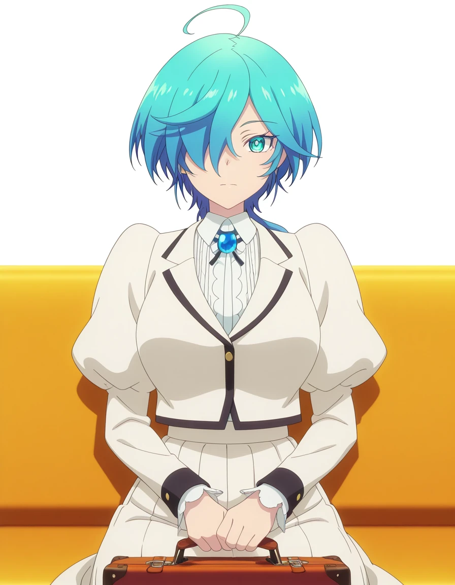 masterpiece, best quality, amazing quality,, <lora:tina-isemi-s1-illustriousxl-lora-nochekaiser:1>, tina isemi, short hair, blue eyes, blue hair, ahoge, multicolored hair, hair over one eye, aqua eyes, mature female, breasts, anime screencap, shirt, skirt, long sleeves, jewelry, jacket, white shirt, puffy sleeves, juliet sleeves, brooch, sitting, head rest, table,, train station, waiting for train, suitcase, traveling, commute, city skyline, hands behind back, cowboy shot, solo, looking at viewer, <lora:transparent-background-illustriousxl-lora-nochekaiser:1>, transparent background, simple background, white background