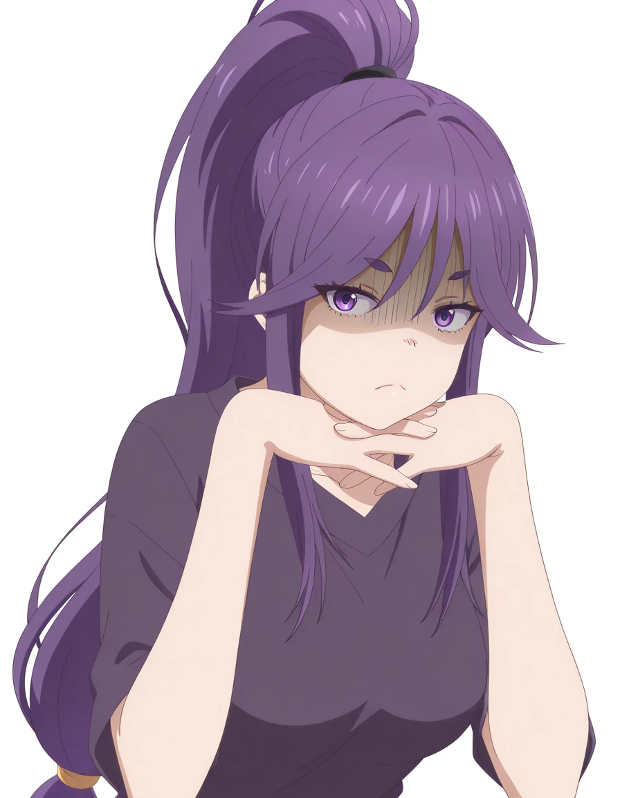 masterpiece, best quality, amazing quality,, <lora:koyomi-hasunuma-s1-illustriousxl-lora-nochekaiser:1>, koyomi hasunuma, long hair, very long hair, purple eyes, purple hair, ponytail, sidelocks, high ponytail, mature female, medium breasts, anime screencap, <lora:gendou-pose-illustriousxl-lora-nochekaiser:1>, gendou pose, own hands clasped, own hands together, parody, shaded face, looking at viewer, frown, elbow rest,, , <lora:transparent-background-illustriousxl-lora-nochekaiser:1>, transparent background, simple background, white background