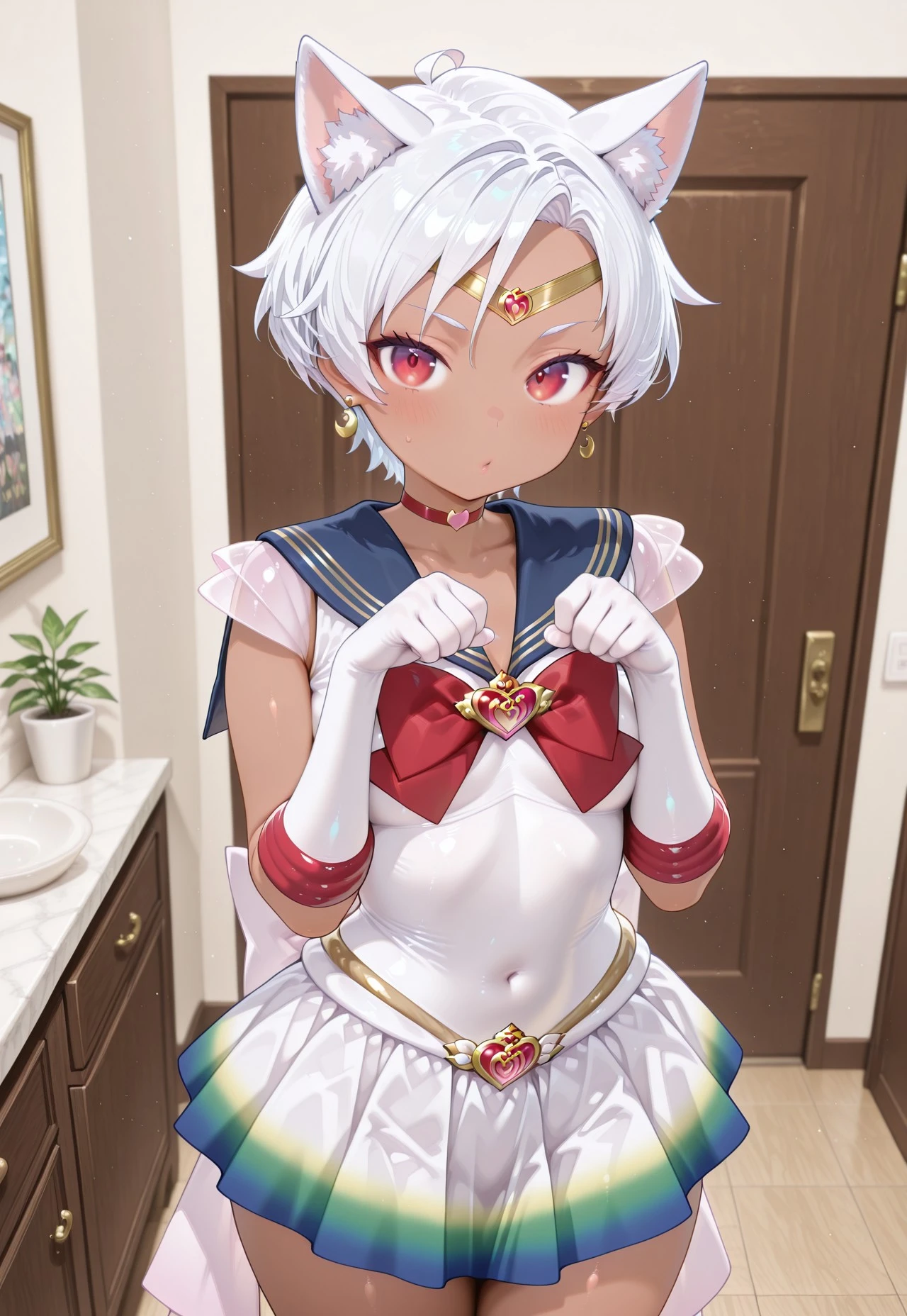 masterpiece,extremely detailed,best quality,amazing quality,newest,absurdres,highres, 1girl, adult, solo, dark skin, white hair, very short hair, cat_ears, bssmsup3r0utfit, sailor senshi uniform, crescent earrings, circlet,blue sailor collar, red bowtie, white elbow gloves, heartchoker, heartbrooch, huge white back bow, pleated skirt, multicolored miniskirt, paw_pose, seductive, upper_body, close to viewers, BREAK indoors