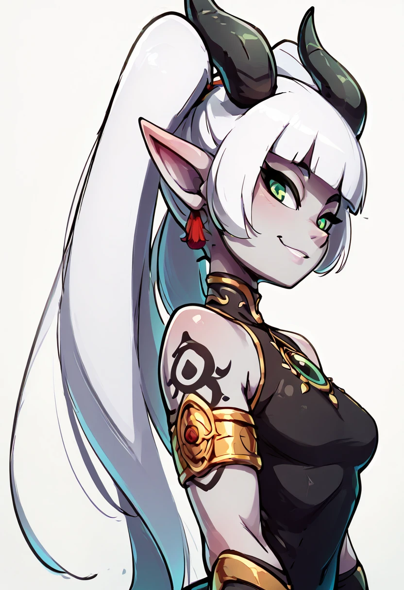 masterpiece, best quality, solo, curvy, beautiful eyes, narrow waist, wide hips, 1girl, solo, smile, looking at viewer, foreshortening, close up, zzSabellaCitronOC, long hair, green eyes, white hair, horns, pointy ears, twintails, grey skin, shoulder tattoo, china dress, black dress, gold trim, jewelry, earrings, bare shoulders, armlet, bridal gauntlets, ,<lora:SabellaCitronOC_IXL_v2:1.0>, , smile, looking at viewer, side view, upper body, <lora:DiivesIXL:1.0>,