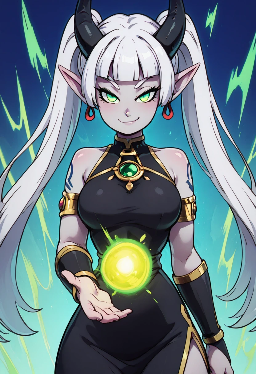 masterpiece, best quality, solo, curvy, beautiful eyes, narrow waist, wide hips, 1girl, solo, smile, looking at viewer, foreshortening, close up, anime screenshot, large breasts, zzSabellaCitronOC, long hair, green eyes, white hair, horns, pointy ears, twintails, grey skin, shoulder tattoo, china dress, black dress, gold trim, jewelry, earrings, bare shoulders, armlet, bridal gauntlets, ,<lora:SabellaCitronOC_IXL_v2:1.0>, ,vivid aura, looking at viewer, blue background, smug, aura, super saiyan, charging energy, energy ball, energy, lightning, <lora:DBSBroly_Style_IXL_v2:0.6>,