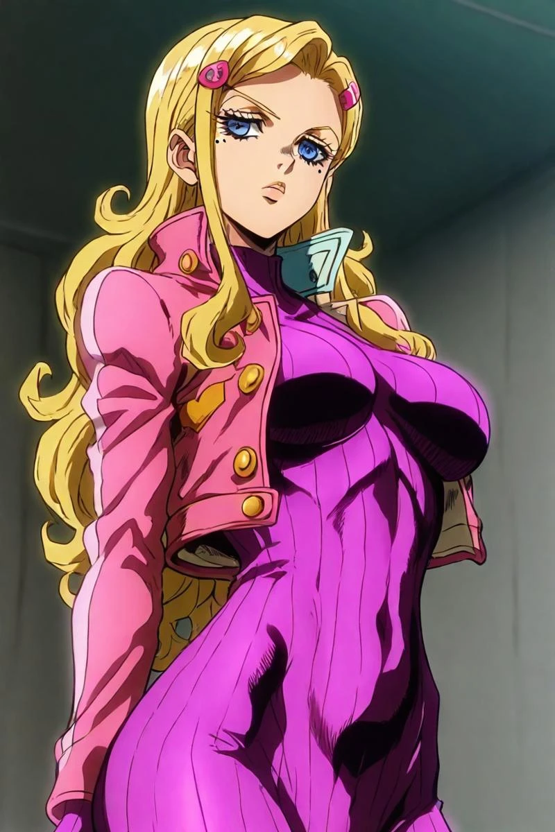 masterpiece、Highest quality、Anime Women、solo、Watching the audience、laugh at、Long Hair、bionde、eyelash、lipstick、Blue eyes、Drill Hair、Hair on one eye、Big Breasts、cleavage、A woman with very large breasts、collarbone、Purple bodysuit、Off the shoulder、Long sleeve、Pink sash、