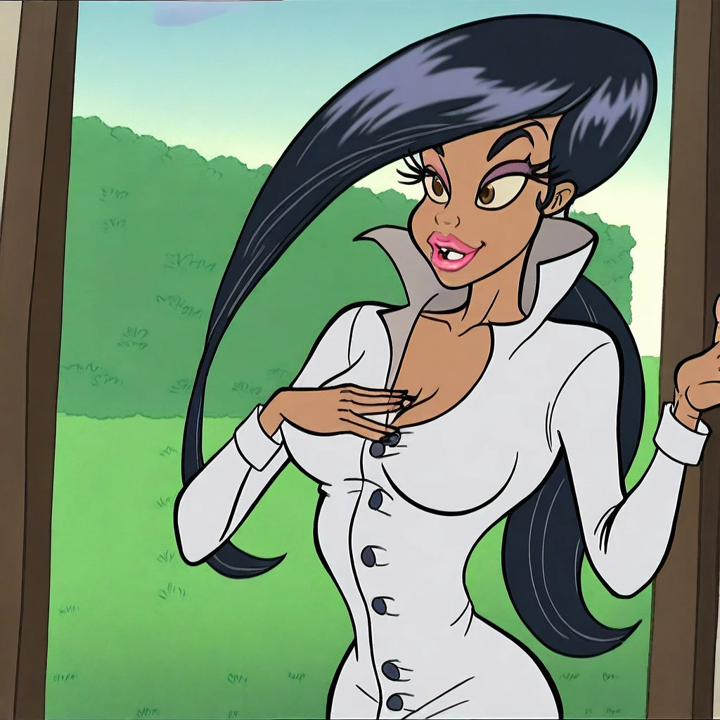 Thin woman (Elexis Sinclaire), 4K, beautiful smiling, seducing gaze, white v-neck top, White belt on black latex midi skirt, white peel split no color, black band around the neck with green jewel, black hair with ponytail, eyes browns, busty. comic style, white background.