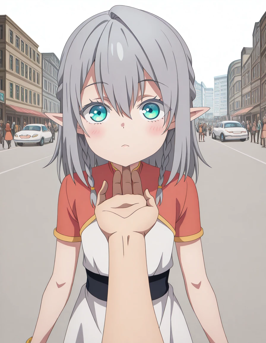 masterpiece, best quality, amazing quality,, <lora:tessia-eralith-s1-illustriousxl-lora-nochekaiser:1>, tessia eralith, hair between eyes, green eyes, grey hair, braid, pointy ears, medium hair, twin braids, aqua eyes, elf, anime screencap, dress, jewelry, short sleeves, white dress,, <lora:stroking-anothers-chin-pov-illustriousxl-lora-nochekaiser:1>, stroking another's chin pov, stronking another's chin, pov, pov hands, blush,, city, buildings, streets, cars, people, cowboy shot, solo, looking at viewer, <lora:transparent-background-illustriousxl-lora-nochekaiser:1>, transparent background, simple background, white background