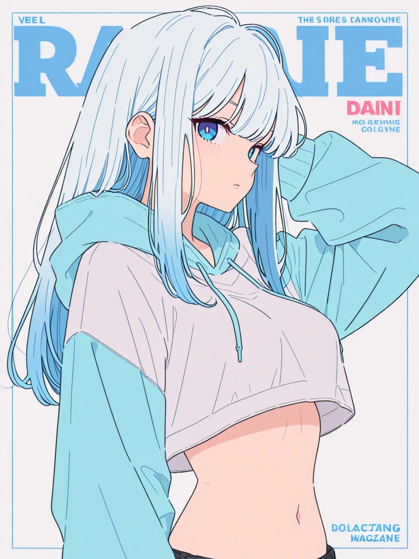 masterpiece,best quality,amazing quality,very aesthetic,absurdres, newest, anime coloring,
looking at viewer, magazine cover, 1girl, blue eyes, long hair, cropped hoodie, hoodie, navel,