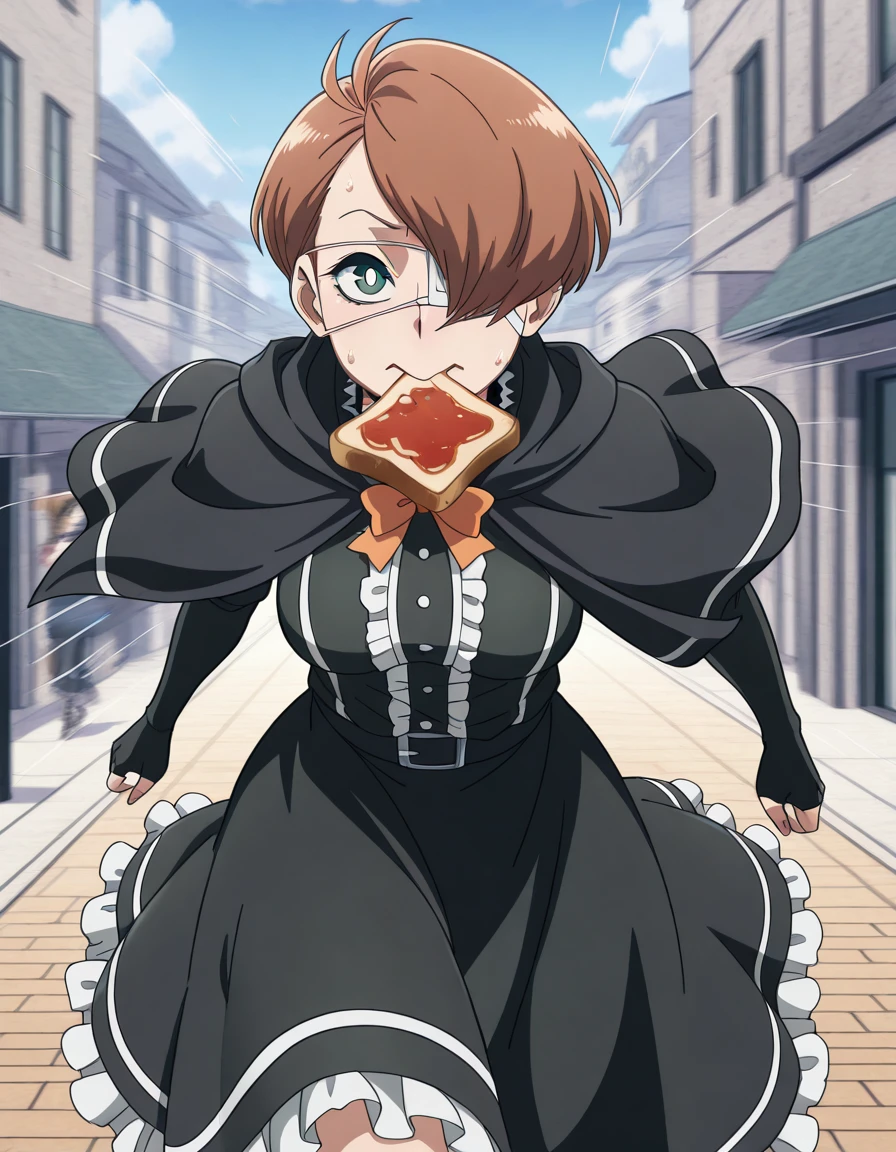 masterpiece, best quality, amazing quality,, <lora:tamao-oguro-s1-illustriousxl-lora-nochekaiser:1>, tamao oguro, short hair, brown hair, green eyes, white pupils, bright pupils, hair over one eye, one eye covered, medical eyepatch, mature female, medium breasts, anime screencap, <lora:gothic-fashion-illustriousxl-lora-nochekaiser:1>, gothic fashion, fashion, goth fashion, frills, frilled dress, black cape, lace collar, fingerless gloves, bow, petticoat, <lora:food-in-mouth-running-illustriousxl-lora-nochekaiser:1>, food in mouth running, food in mouth, running, bread, bread slice, food, toast in mouth, toast, sweatdrop, motion lines, motion blur, outdoors,, ,
