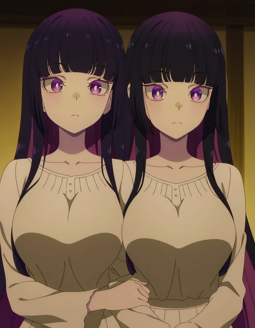 masterpiece, best quality, amazing quality,, <lora:otoha-kurogane-s1-illustriousxl-lora-nochekaiser:1>, otoha kurogane, long hair, black hair, purple eyes, purple hair, multicolored hair, sidelocks, blunt bangs, two-tone hair, colored inner hair, hime cut, white pupils, bright pupils, mature female, breasts, anime screencap, <lora:locked-arms-illustriousxl-lora-nochekaiser:1>, locked arms,, ,