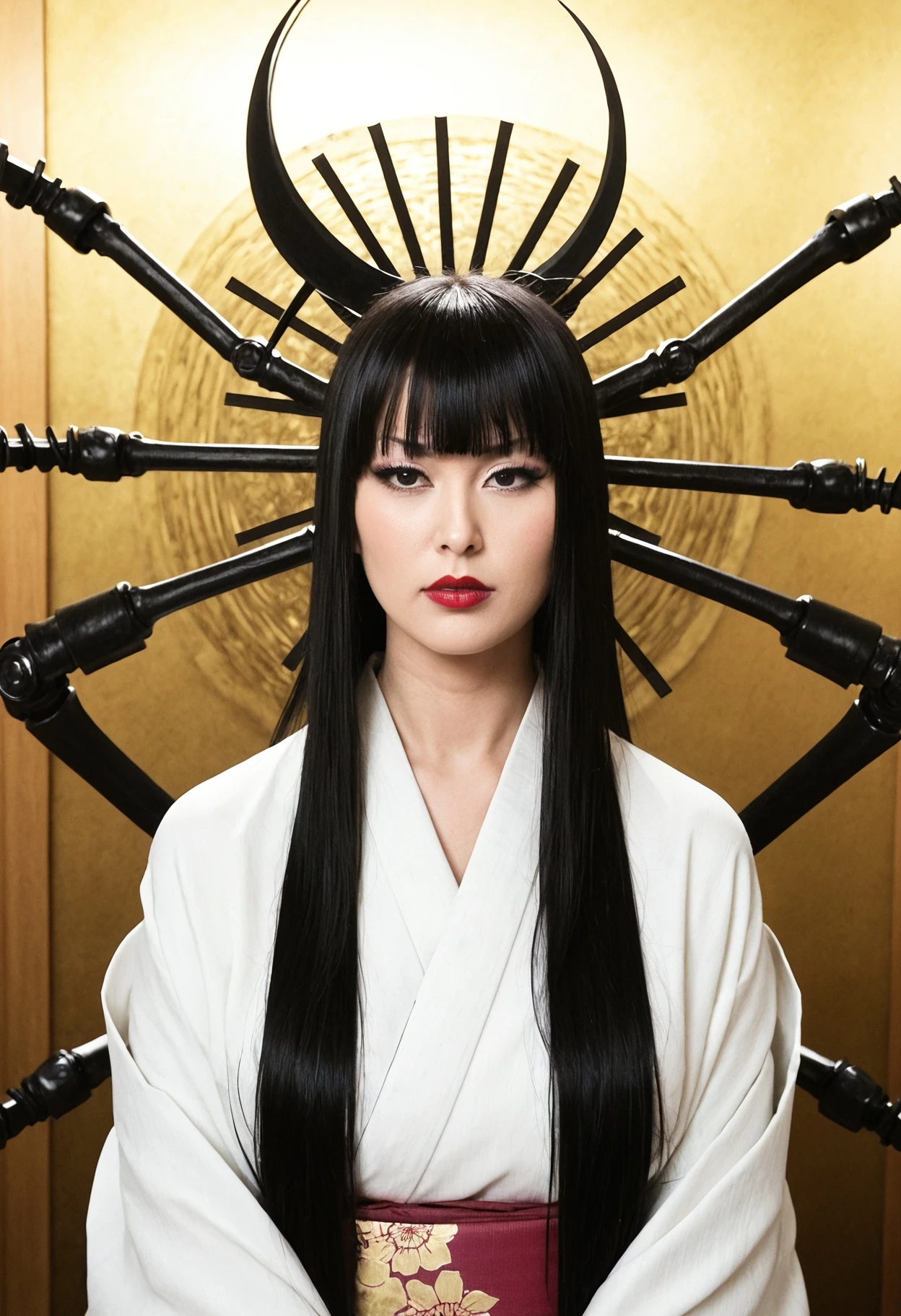 <lora:senjumaru-shutara-anime-ponyxl-lora-nochekaiser:0.8> , senjumaru shutara, long hair, bangs, blunt bangs, black hair, sidelocks, black eyes, makeup, lipstick, red lipstick, || japanese clothes, kimono, mechanical arms, extra arms,