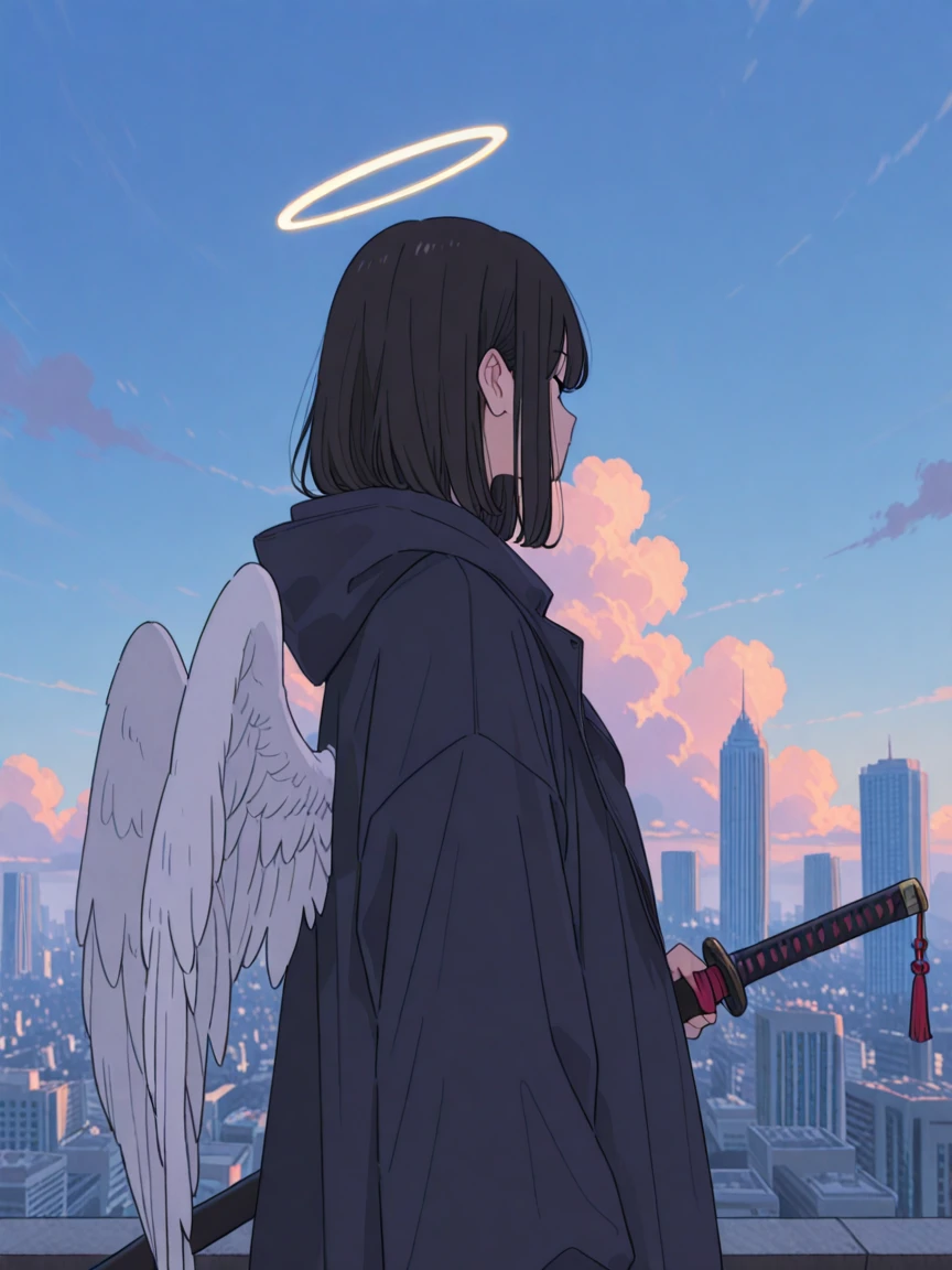masterpiece,best quality,amazing quality,very aesthetic,absurdres, newest, anime coloring,
1girl, wings, halo, sky, weapon, sheath, sword, angel, cloud, city, holding, building, sheathed, holding weapon, angel wings, black hair, outdoors, solo, jacket, holding sword, hood, katana, feathered wings, cityscape, cloudy sky, skyscraper, scabbard, detailed lighting,
