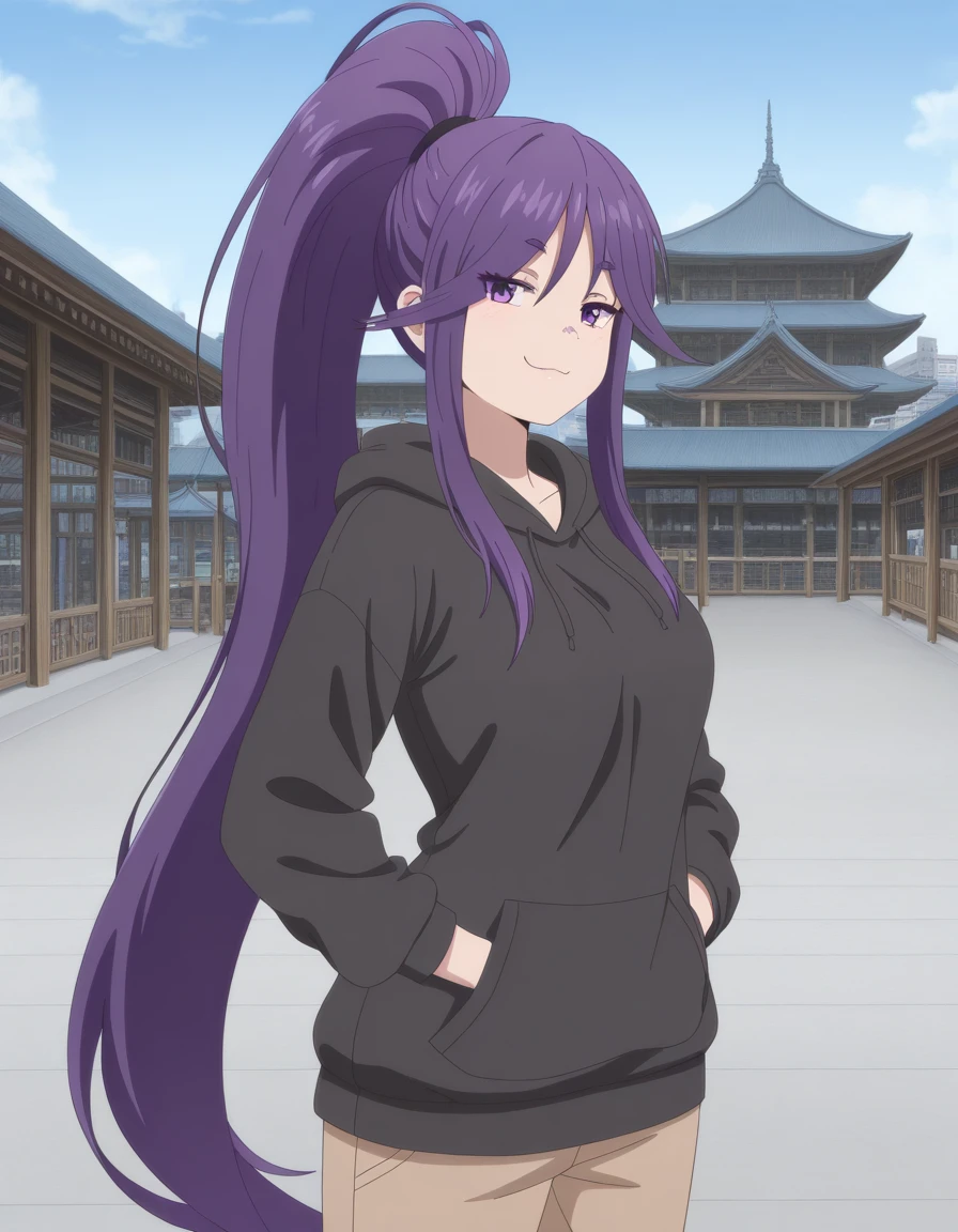 masterpiece, best quality, amazing quality,, <lora:koyomi-hasunuma-s1-illustriousxl-lora-nochekaiser:1>, koyomi hasunuma, long hair, very long hair, purple eyes, purple hair, ponytail, sidelocks, high ponytail, mature female, medium breasts, anime screencap, long sleeves, pants, hood, hoodie, hood down, brown pants, black hoodie, smug, Man-made, architecture, structures, civilization, urban, cowboy shot, solo, looking at viewer,