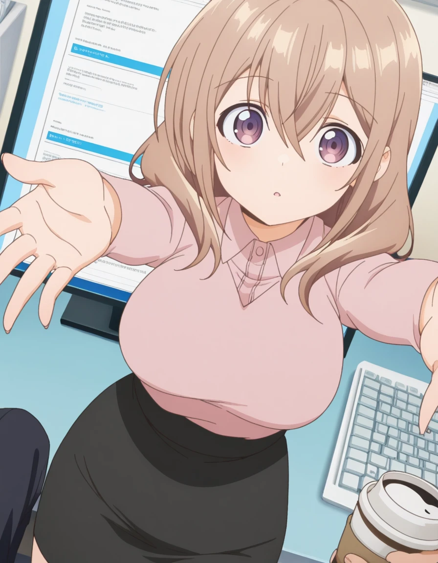masterpiece, best quality, amazing quality,, <lora:shiori-katase-s1-illustriousxl-lora-nochekaiser:1>, shiori katase, long hair, brown hair, hair between eyes, purple eyes, light brown hair, mature female, breasts, anime screencap, skirt, shirt, black skirt, formal, suit, office lady, business suit,, on back, arm support, arms up, incoming hug, pov, reaching, reaching towards viewer,, home office, working from home, computer screen, coffee cup, focus, deadline, cowboy shot, solo, looking at viewer,