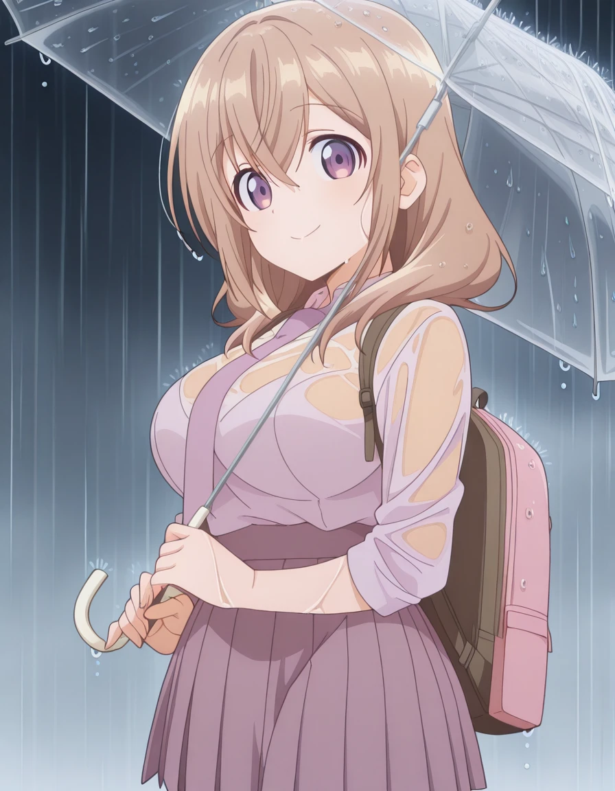 masterpiece, best quality, amazing quality,, <lora:shiori-katase-s1-illustriousxl-lora-nochekaiser:1>, shiori katase, long hair, brown hair, hair between eyes, purple eyes, light brown hair, mature female, breasts, anime screencap, <lora:getsuyoubi-no-tawawa-538-illustriousxl-lora-nochekaiser:1>, getsuyoubinotawawa538, looking at viewer, smile, skirt, shirt, holding, cowboy shot, pleated skirt, necktie, bag, wet, umbrella, backpack, wet clothes, rain, holding umbrella, transparent, transparent umbrella,, ,