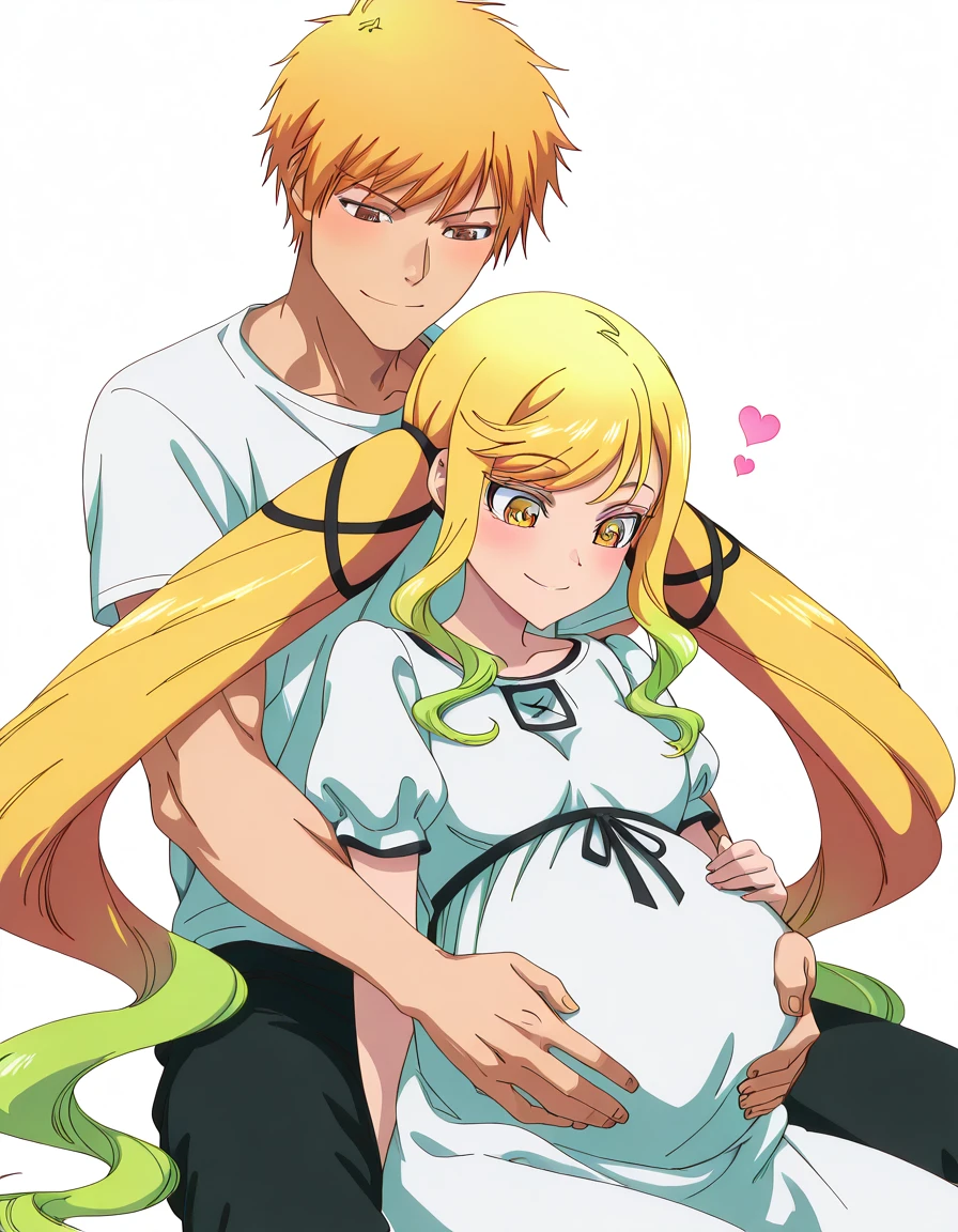 masterpiece, best quality, amazing quality,, <lora:lilisa-suzunomiya-s1-illustriousxl-lora-nochekaiser:1>, lilisa suzunomiya, long hair, blonde hair, ribbon, very long hair, twintails, brown eyes, yellow eyes, hair ribbon, black ribbon, multicolored hair, sidelocks, green hair, gradient hair, swept bangs, wavy hair, mature female, small breasts, anime screencap, <lora:husband-and-wife-pregnant-illustriousxl-lora-nochekaiser:1>, husband and wife pregnant, hetero, couple, husband and wife, hug, from behind, pregnant, bedroom, sitting, blush, smile, hearts, looking down, holding another's stomach, straight-on,, <lora:ichigo-kurosaki-illustriousxl-lora-nochekaiser:1> ichigo kurosaki, 1boy, short hair, orange hair, muscular male, brown eyes,, <lora:transparent-background-illustriousxl-lora-nochekaiser:1>, transparent background, simple background, white background