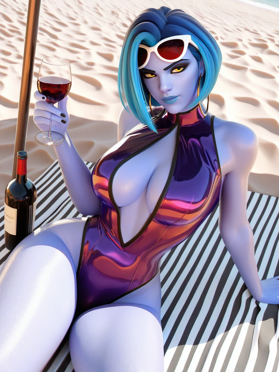 Overwatch widowmaker wearing a lifeguard swimsuit having anal sex looking at the viewer in first person