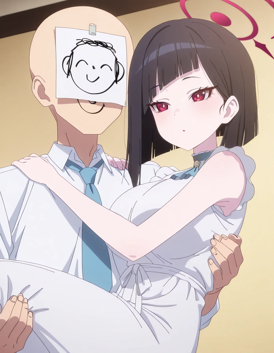 masterpiece, best quality, amazing quality,, <lora:yayoi-takayanagi-s1-illustriousxl-lora-nochekaiser:1>, yayoi takayanagi, short hair, black hair, red eyes, blunt bangs, mature female, breasts, anime screencap, <lora:princess-carry-illustriousxl-lora-nochekaiser:1>, princess carry, hetero, carrying,, <lora:doodle-sensei-illustriousxl-lora-nochekaiser:1>, doodle sensei, doodle sensei (blue archive), sensei (blue archive), mask, bald,,