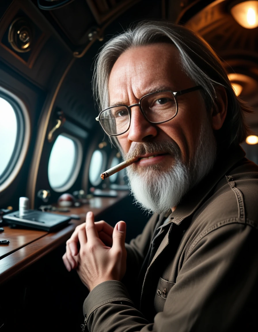 realistic photograph, slight side perspective, depth of field, portrait of a ruggedly handsome older middle aged man provocative_pose and smirking, holding a cigarette between his lips, smoker, in a tense standoff with an alien fleet, the spaceship weapons systems ready for action, world-weary, looking away from the viewer, 45 years old, average build, pale white skin, 6' tall, 180 pounds, right-handed, college educated software engineer and programmer, hazel eyes, thin metal framed tinted reading glasses with rectangle lenses, long brown hair with gray in it,full gray beard and moustache, long beard covering neck, loose hairstyle, no bangs, newsboy shirt, expressingInterest, planning, anticipating, deep thought behind kind eyes, feeling Exasperated and Aggravated, Tight and Burned out, background of a grand airship, with brass-bound railings, intricate gearwork, large propellers, luxurious cabins, beautiful and aesthetic background, highly detailed, professional photography, indirect natural lighting, additional overhead lighting, dark environment, heavy shadows <lora:Prog420_Avatar:0.8> <lora:Dever_Flux_Enhancer:0.8>âââ