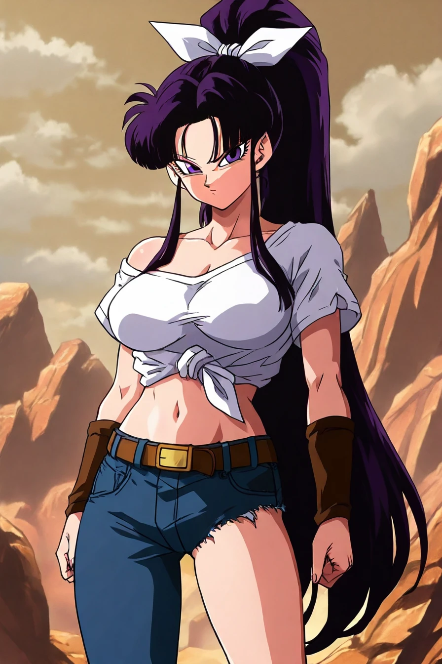 looking at the viewer, asymmetrical clothes, navel, purple eyes, very long hair, tied shirt, midriff, hair ribbon, single pantsleg, white shirt, ponytail, black hair, large breasts, jeans, white ribbon, brown belt, purple hair, asymmetrical legwear, 1girl, solo, alone,  <lora:dragon_ball_z_style_illustriousXL-000021:1>,dragon_ball_z_style, masterpiece, highres