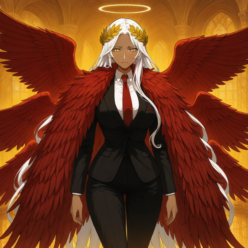 masterpiece, best quality, newest, absurdres, highres, FCV1, feathered cape, cape, feathers, feather trim, 1girl, multiple wings, wings, red wings, red necktie, necktie, suit, black suit, laurel crown, yellow eyes, white hair, dark skin, dark-skinned female, very long hair, white hair, mature, mature female, medium breasts,