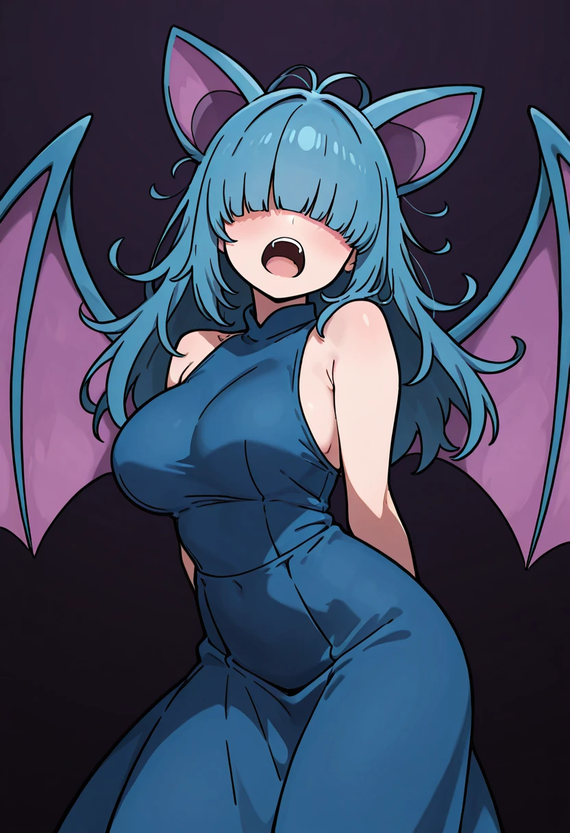 masterpiece, best quality, 1girl, solo, dynamic pose, zzZubat, 1girl, solo, shoulder-length messy hair with ear-shaped tufts, covered eyes, blunt bangs, hair over eyes, blue dress, sleeveless, open mouth, arms behind back, bat wings, large breasts, ,<lora:ZubatPokedex_IXL:1.0>,