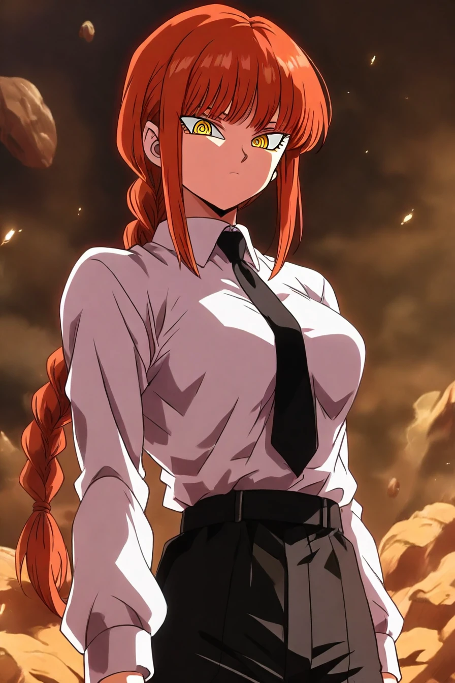makima, red hair, long hair, yellow eyes, ringed eyes, braid, white collared shirt,black necktie, black pants, 1girl, solo, alone,<lora:dragon_ball_z_style_illustriousXL-000021:1>,dragon_ball_z_style, masterpiece, highres