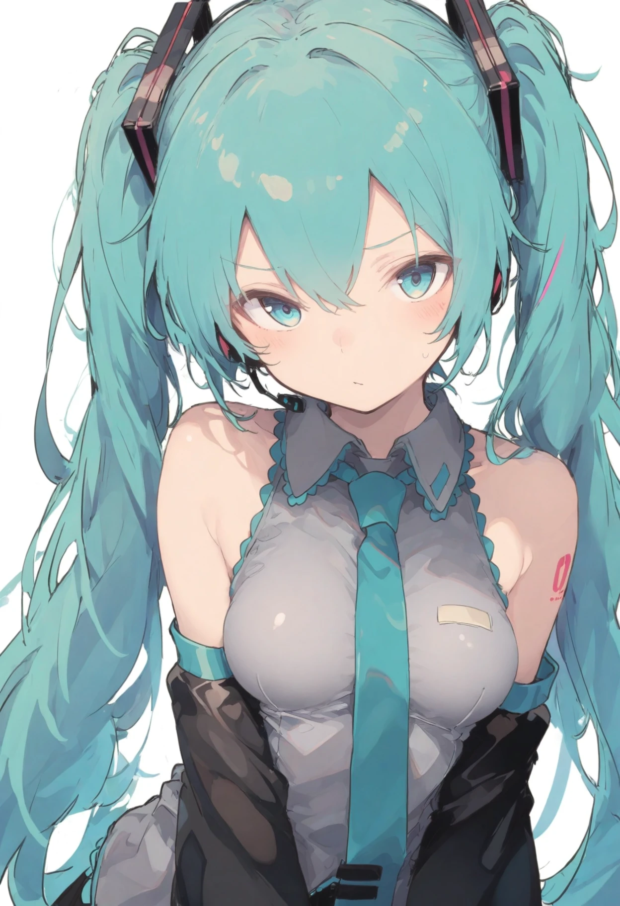 1girl, solo, hatsune miku, sad, detached sleeves, necktie, collared shirt, topless