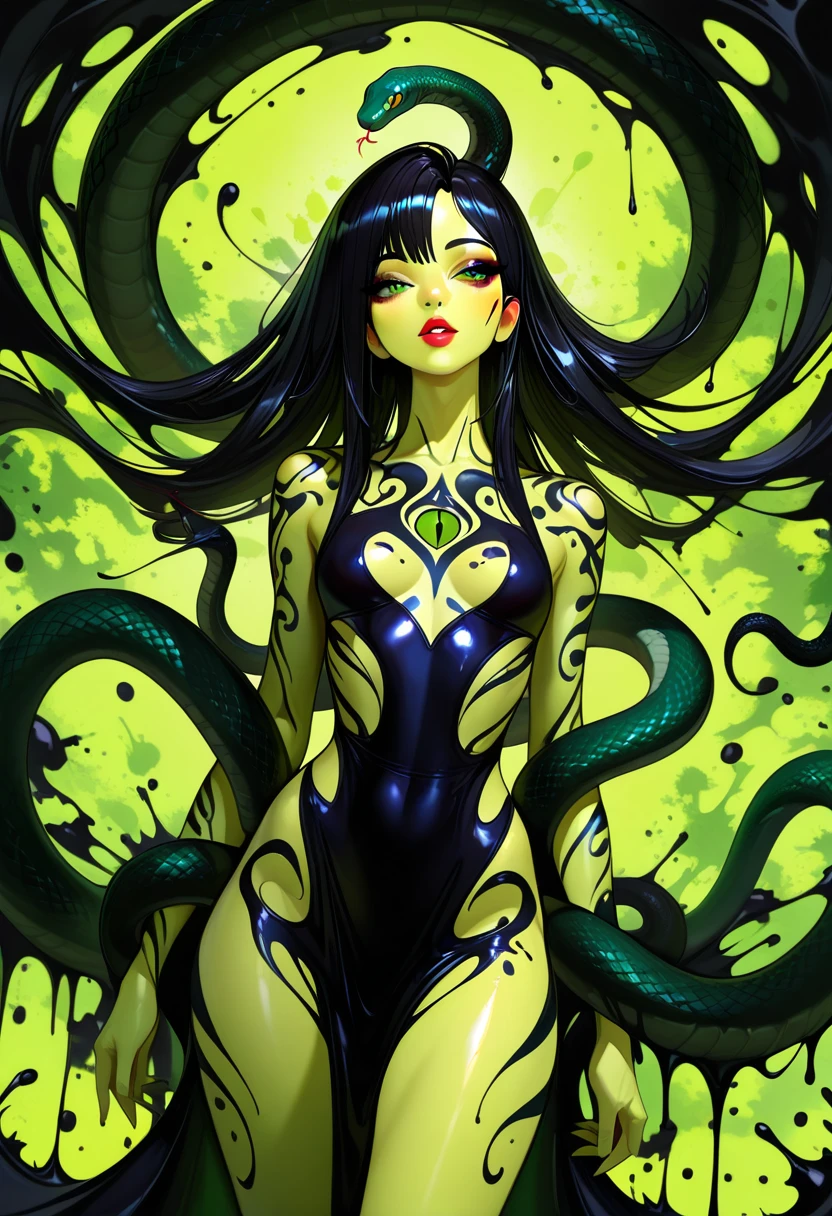 Cthulhu, black slime, green eyes, (large breasts, thin waist, thick hips, long legs), wrapped in black slime tentacles, Symbiote, symbiote girl, black lipstick, Venom Girl, poison, black slime, Solo, black makeup, teasing look and expression, teasing smile.
