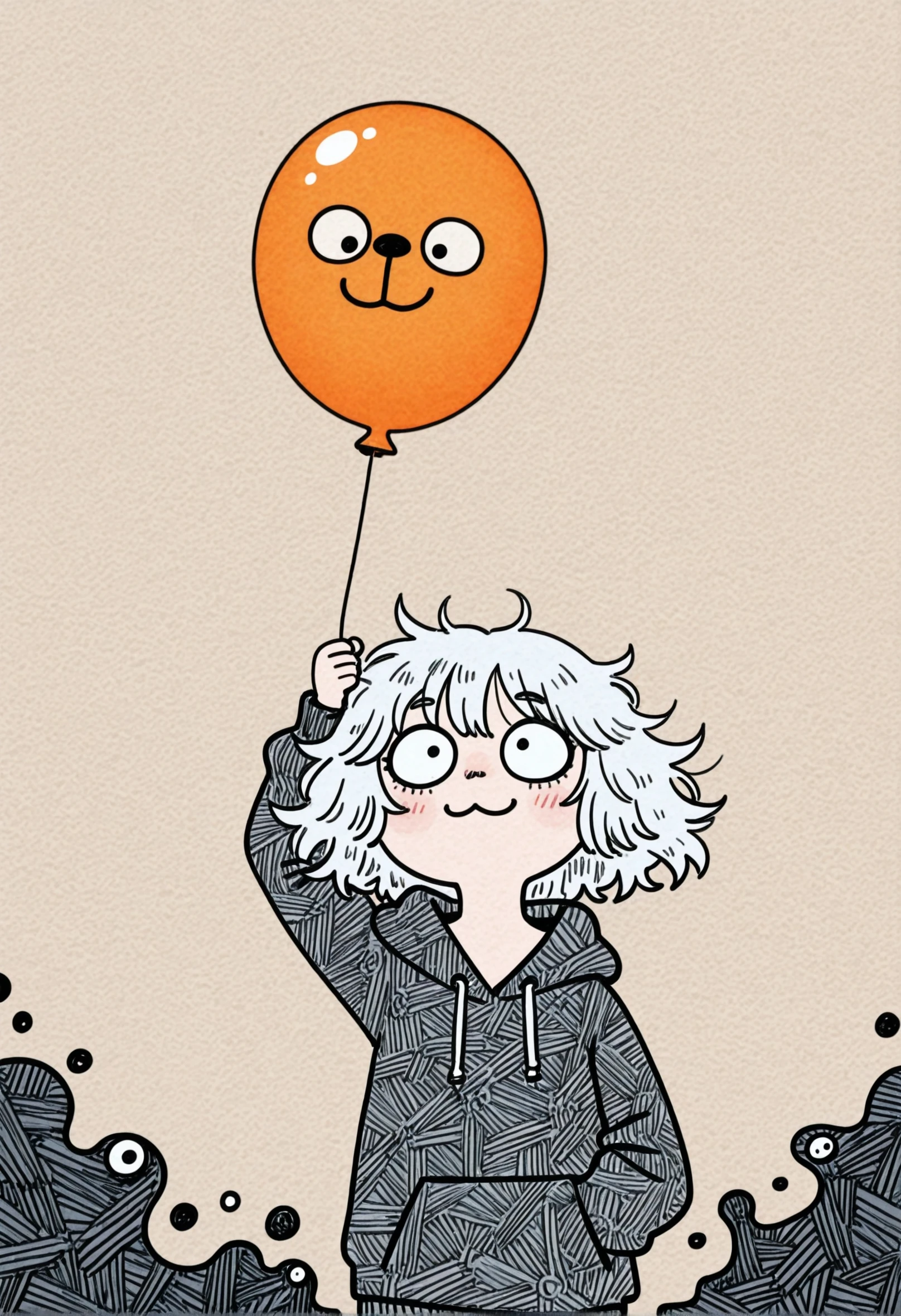 marge, watercolor, doodle, brown_background, textured background, clean line art, complementary colors, half of the background is patterned, cute, 1girl, messy white_hair, black_background, holding_balloon, orange ballons, hoodie, big_eyes, LeIsT0_illu, :3, masterpiece, best quality, good quality