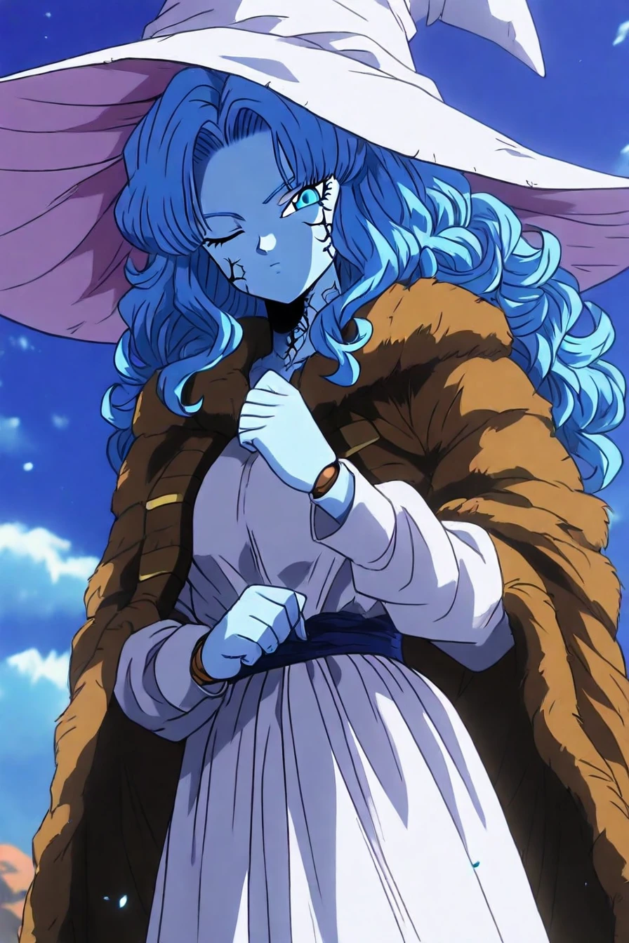 <lora:Ranni_illusXLNoobAI_Incrs_v1:0.4> RnnDef, blue eyes, one eye closed, blue hair, wavy hair, blue skin, colored skin, cracked skin, doll joints, witch hat, large hat, white headwear, white dress, long sleeves, fur cloak, brown cloak, 1girl, solo, alone, <lora:dragon_ball_z_style_illustriousXL-000021:1>,dragon_ball_z_style, masterpiece, highres