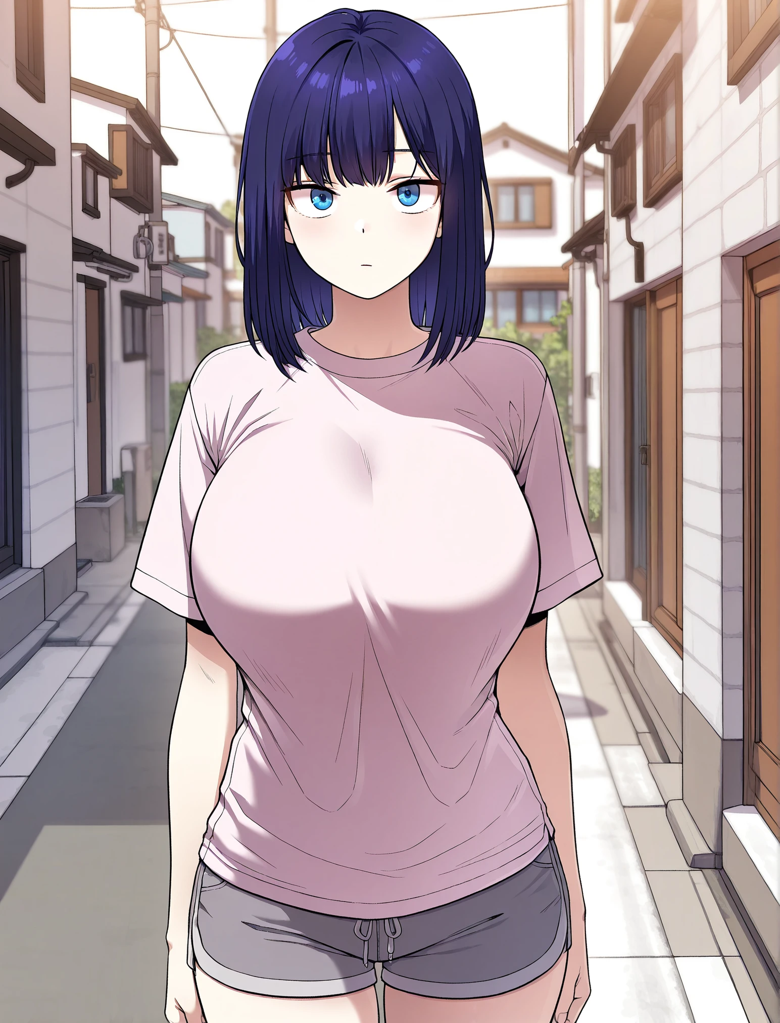 (WALLPAPER,  (hinata\(boruto\), masterpiece, 4k, vector coloring, whole body shot, contrast lighting, mature female, (curvy:0.8), solo, anime style, sharp focus, professional artwork, intricate details, detailed beach background, colorful, vibrant colors, vivid colors, digital blending, ultra detailed body, ultra detail hair, ultra detail face, trending on pixiv, very hot colors, sunny day, outdoor, detailed bold arm lines, high color saturation, bold lines, bold drawing lines),
(standing, open mouth, kind smile, extremely happy, goodbye, sexy pose),
((dark blue hair color:1.1), wavy hair, ((short hair, hime cut)),
(perfect eyes, white sciera, bright eyes, white eyes, anime eyes, smoky eyeliner, eyeshadow)
(white skin, slender body, milf, navel, groin, flat belly, perfect face, perfect thighs),
(Thighs, legs, big breasts, perky boobs, off-shoulders, (groin, detailed shoulders), 
(almost naked, only white clothes, bare chest, bare shoulders, bare hands, bare legs), 
( topless, white pants, no top)