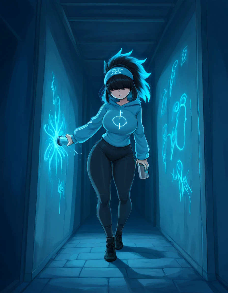 hair over eyes in an abandoned warehouse filled with large, blank concrete walls, she stands poised, spray can in hand. She wears casual streetwear, her metallic ninja headband remains a constant., BREAK, Vibrant colors cover the walls around her as she creates intricate graffiti of cosmic art and glowing runes. Her outfit is tipped with paint, and she has a look of pure concentration. Paint cans, some still spraying, lie scattered around, giving the scene a chaotic, creative energy. BREAK, ,  <lora:LLN_Six:1>, lln-s1x, BREAK, [[masterpiece, amazing quality, highly quality, highres, absurdres, high quality, best quality, absurdres, intricate detail + accurate details, masterful composition, dynamic angle, detailed background, perfect face, fine facial detail]], (detailed background:1.2),