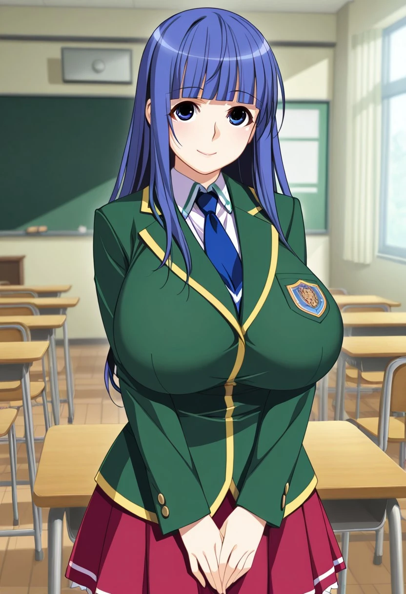 top-quality, 8K, ultra-detailliert, Photorealsitic, Portrait, 1girl in, Kurokami Medaka, Red Eyes, Blue-violet hair, Long hair, Ahoge, large udder, green school Uniform, cleavage cutout, Clothes Cutout, Pleated skirt, crass room, Smile, Cool pose, Armbands, long-sleeve, Light blue skirt, 15yo student, I don't draw bras