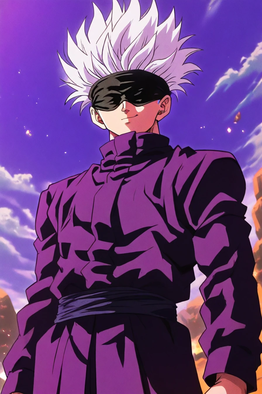 gojou satoru, white hair, purple pants, high collar, blindfold, covered eyes, black blindfold, purple jacket, purple pants, 1boy, solo, alone, <lora:dragon_ball_z_style_illustriousXL-000021:1>,dragon_ball_z_style, masterpiece, highres