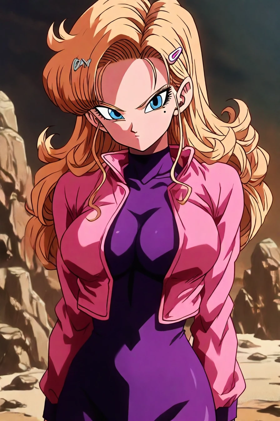 fuurinji miu, blonde hair, long hair, blue eyes, mole under right eyes, slim waist, large breast, pink jacket, purple bodysuit, hairclip, 1girl, solo, alone, <lora:dragon_ball_z_style_illustriousXL-000021:1>,dragon_ball_z_style, masterpiece, highres