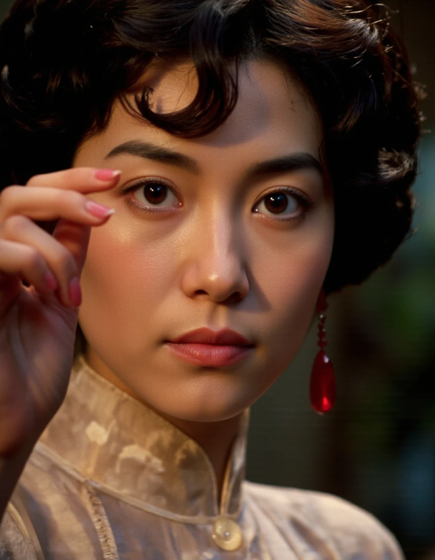 By Wong Kar-Wai. .A close-up portrait of a young woman with short, wavy black hair and large, expressive brown eyes. she is looking directly at the viewer with a neutral expression, and her right hand is raised as if offering a gesture. the woman is wearing a light-colored blouse with a high collar, and a red drop earring hangs delicately from her left ear. the background is blurred, with a soft, warm light illuminating the scene, creating a dramatic effect. the overall mood of the image is mysterious and captivating, evoking a sense of mystery and intrigue.