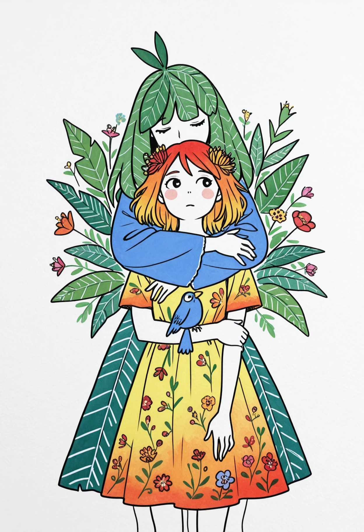 marge, 2girls, hug_from_behind, leaf_hair, flowers, clean line art, birds, watercolor, colorful dress, cowboy_shot,, masterpiece, best quality, good quality