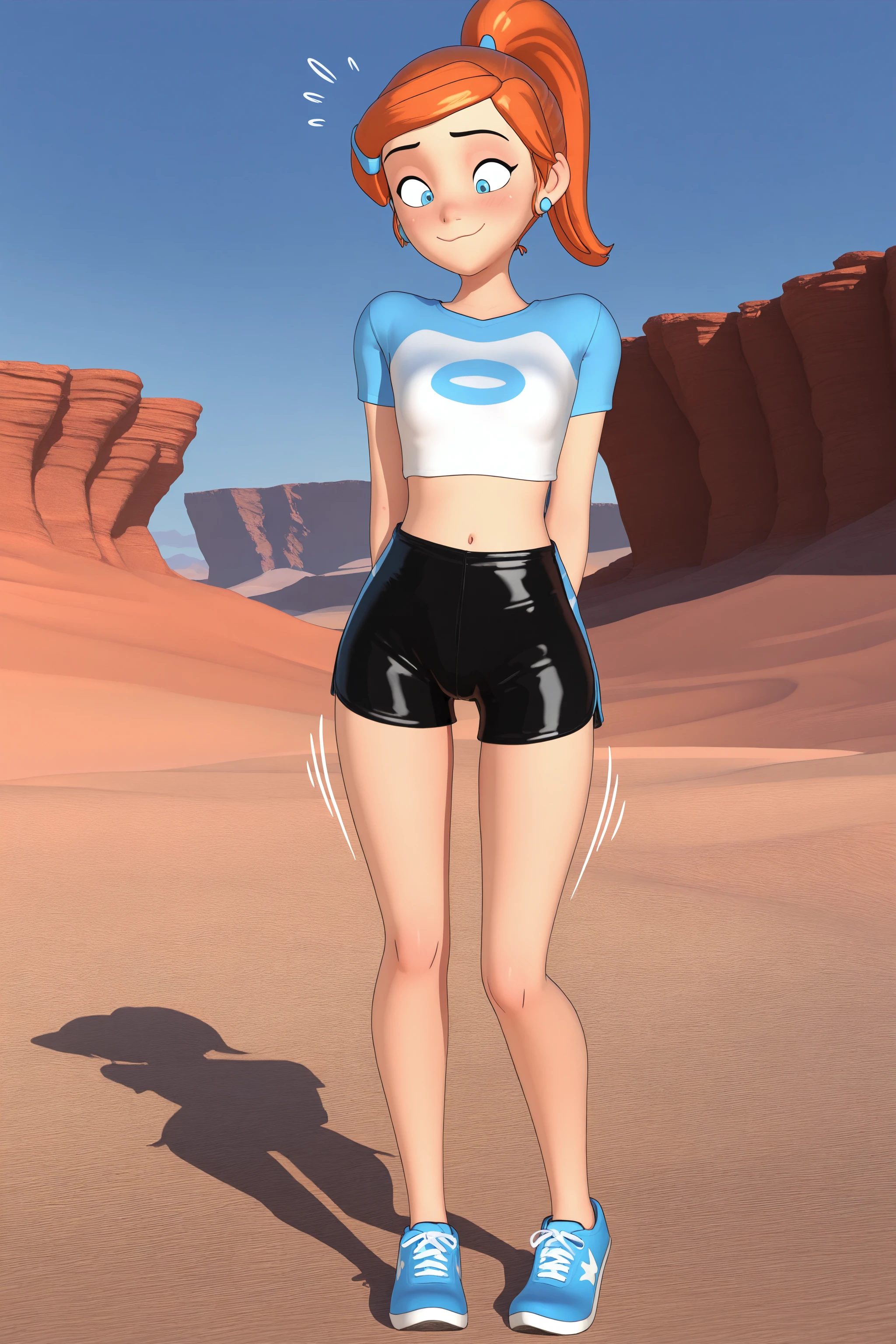 nami, sexy, at beach, one piece, hair in a bun, white crop top low cut long sleeve shirt, brown short shorts, white socks with sandals, photorealistic 1:4