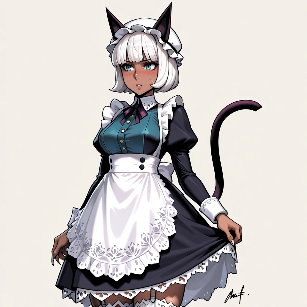 <lora:MsFortune_illustrious_v1:.7>MsFortune, 1girl, cat tail, animal ears, dark skin, bob cut, dark-skinned female, white hair, short hair, blue eyes, sharp toenails, claws, medium breasts, scar, cowboy shot, <lora:victorian-illustriousxl-lora-nochekaiser:1> victorian, apron, black dress, clothes lift, dress, embroidery, garter straps, hat, juliet sleeves, lace trim, maid, maid apron, mob cap, official alternate costume, official alternate hairstyle, parted lips, puffy sleeves, puritan collar, ribbon, shy, signature, simple background, skirt, white apron,