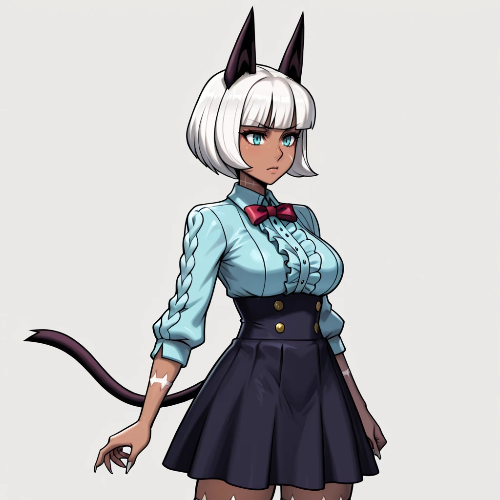 <lora:MsFortune_illustrious_v1:.7>MsFortune, 1girl, cat tail, animal ears, dark skin, bob cut, dark-skinned female, white hair, short hair, blue eyes, sharp toenails, claws, medium breasts, scar, cowboy shot, <lora:virgin-killer-outfit-illustriousxl-lora-nochekaiser:1> virgin killer outfit, meme attire, high-waist skirt, center frills, frilled shirt, underbust, aran sweater, frilled shirt collar, red bowtie, frills, skirt,